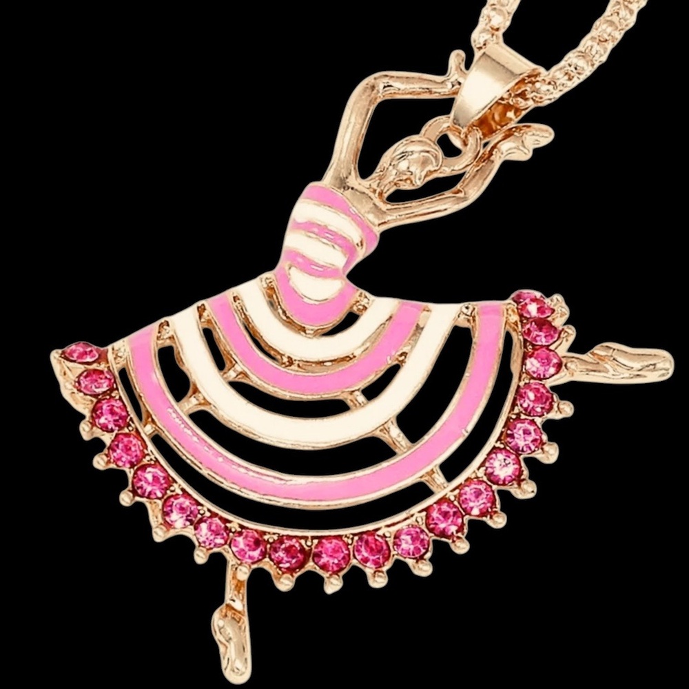 Ballerina, Dancer Full Skirted Crystal & Enamel Gold, White, & Pink, Necklace - Picture 2 of 7
